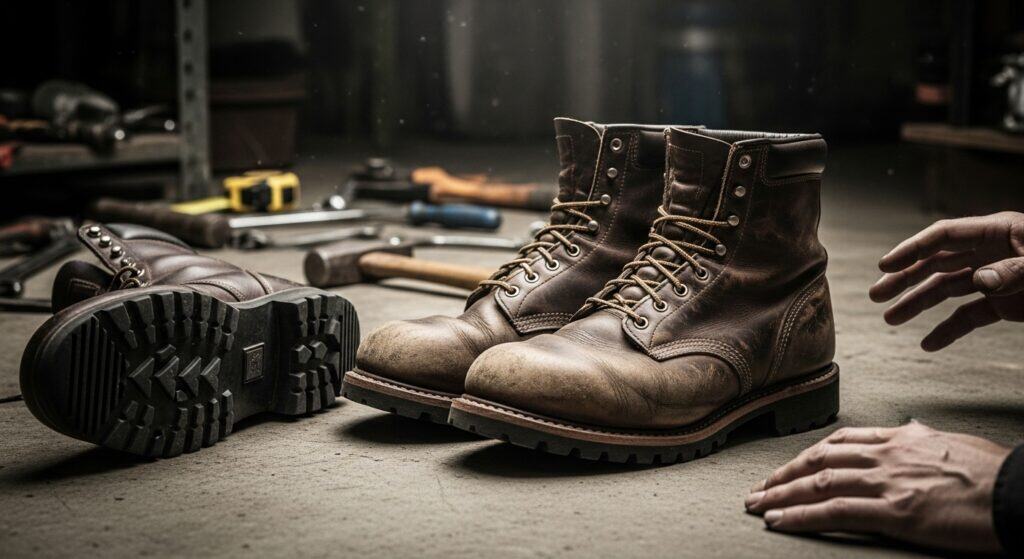 Vintage work boots on garage floor with tools nearby.