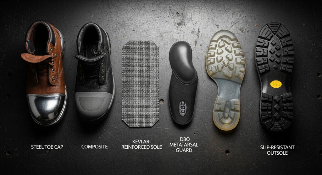Safety boot components: steel toe, kevlar sole, slip-resistant outsole.