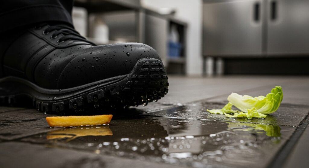 Wet kitchen floor hazard: spilled food, work boot.