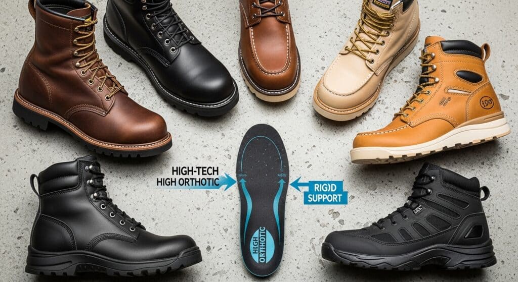 A graphic showing the 4 pillars of a plantar fasciitis work boot: arch support, heel counter, cushioning, and heel drop.