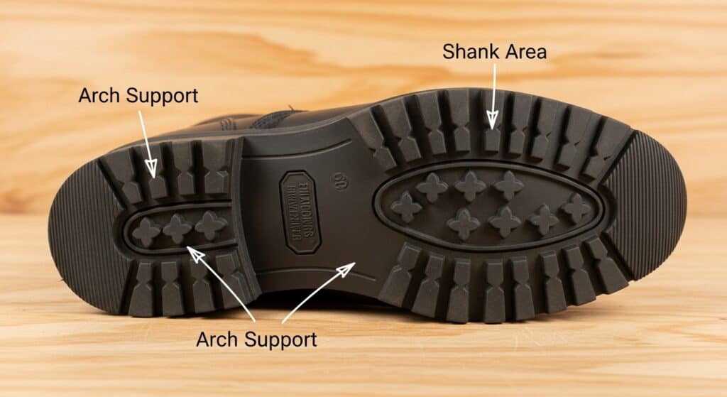 Shoe sole with labeled arch support and shank area.
