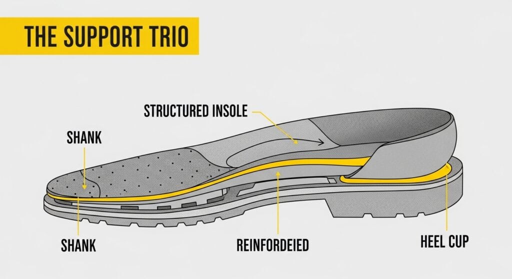 Shoe anatomy diagram: shank, structured insole, heel cup.