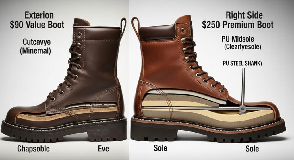 Comparison of $90 and $250 boots showing construction differences.
