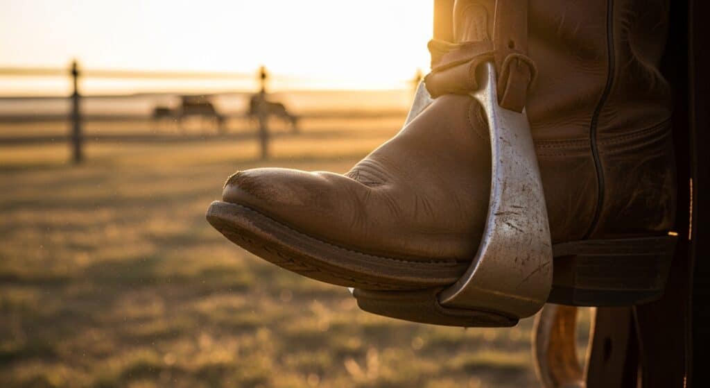 Cowboy boots resting in a saddle stirrup. Dust and sun rays illuminate the leather’s patina. The background shows a blurred open range with fencing and cattle.