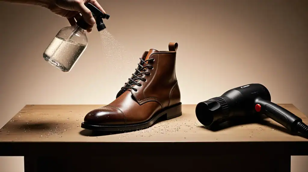 High-quality leather boot being cleaned and maintained with spray and dryer for optimal durability and shine.