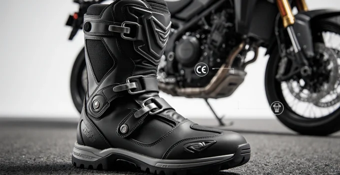 Black motorcycle boots with adjustable buckles.