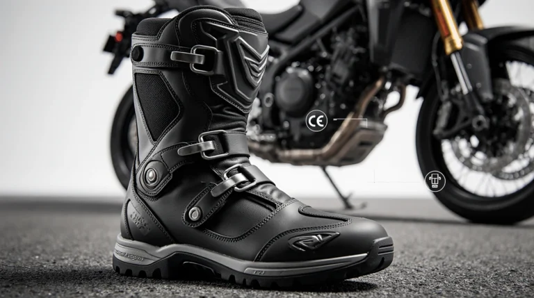 Black motorcycle boots with adjustable buckles.