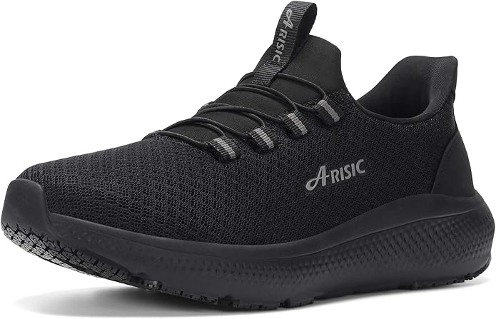 Black athletic shoe with breathable mesh design.