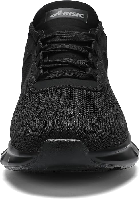 Front view of black athletic running shoe.