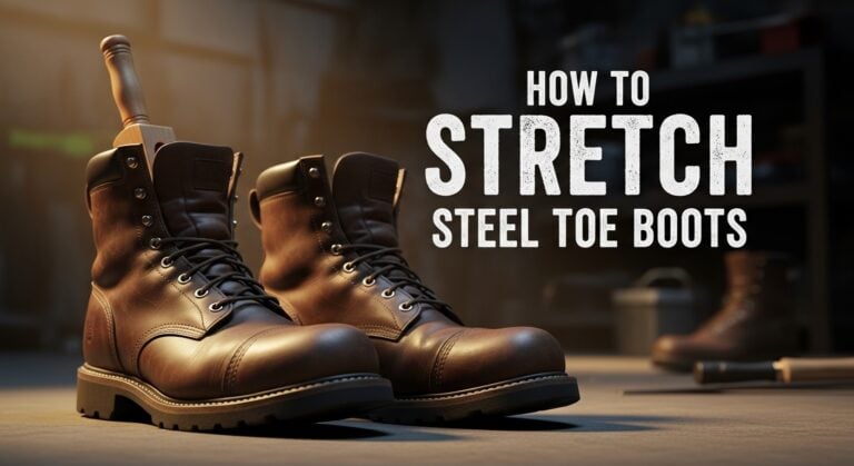 Durable men's steel toe work boots designed to stretch for a comfortable fit, providing safety and flexibility for heavy-duty jobs. Perfect for demanding work environments.
