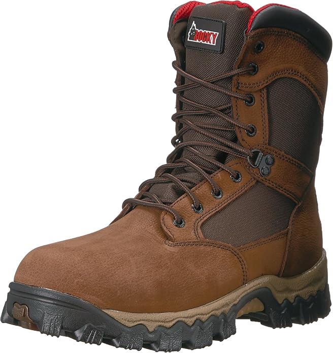 Brown rugged hiking boot with lace-up design.