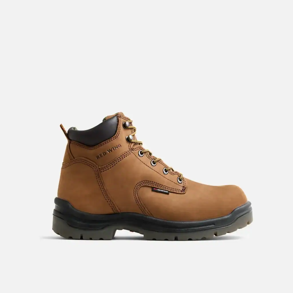 Brown leather work boot with black outsole