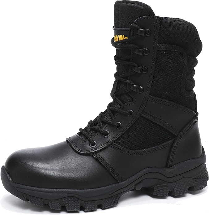 Men's black tactical work boot with laces.