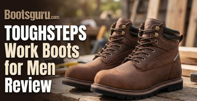 Toughsteps men's work boots on a wooden surface.