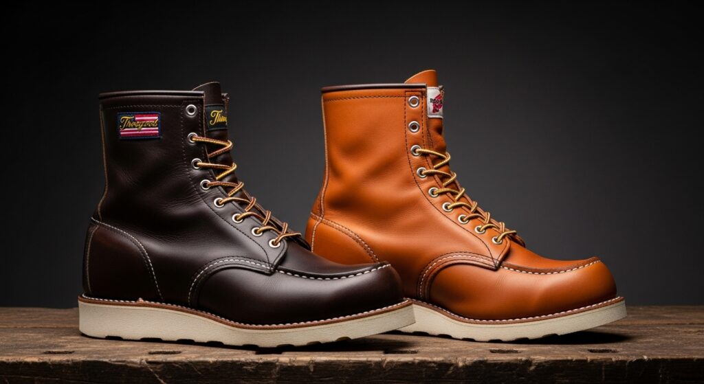 Brown and tan leather boots displayed on a table.