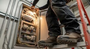 Safe electrical repair and maintenance with proper tools and safety gear.