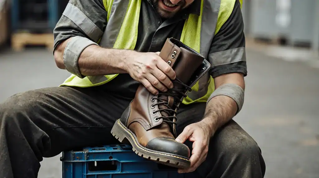 Worker adjusting sturdy brown safety boots outdoors.