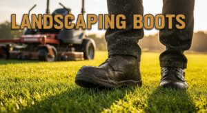 Close-up of muddy landscaping boots on grass.