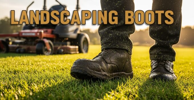 Close-up of muddy landscaping boots on grass.