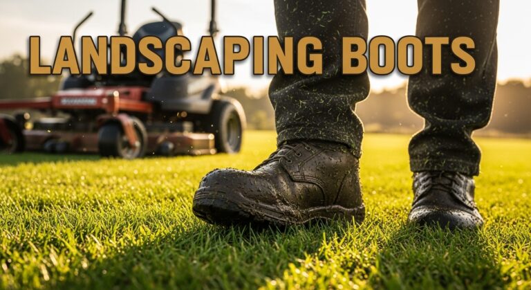 Close-up of muddy landscaping boots on grass.