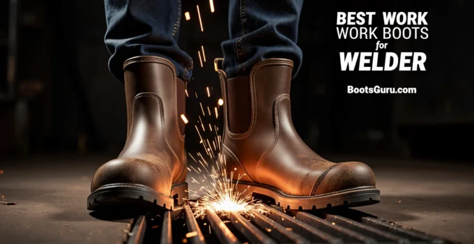 Brown work boots with sparks flying.