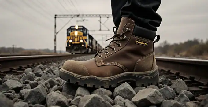 Image of rugged brown safety boot with Vibram outsole standing on railway rocks with train in the background. Ideal for work safety and outdoor activities.