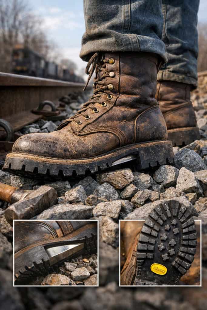 Worn leather boots on rocky terrain near railway.