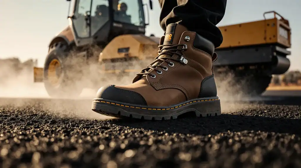 High-quality brown work boots with black accents, featuring steel toes and slip-resistant soles, designed for construction and industrial workers.