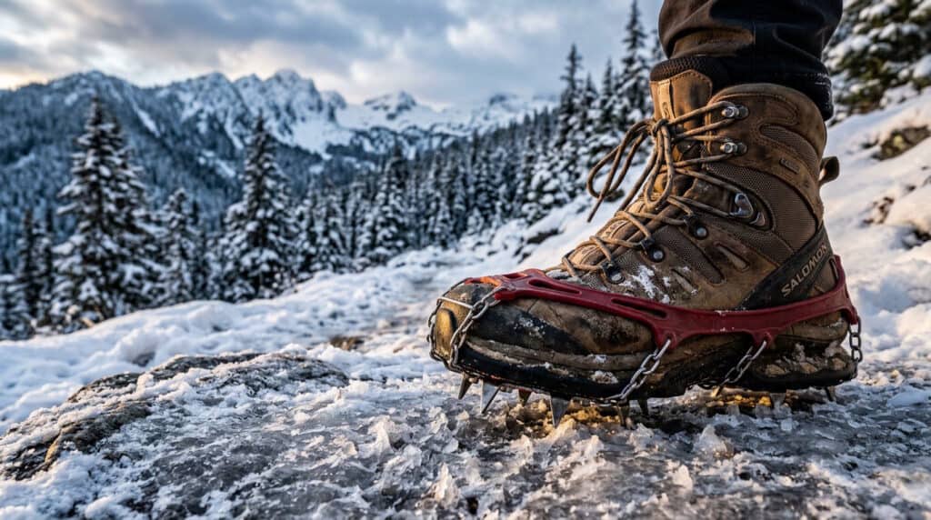 Hiking boot with crampons on snowy terrain
