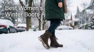 Close-up of women's waterproof winter boots walking on snow, showcasing insulation and traction for cold weather conditions.