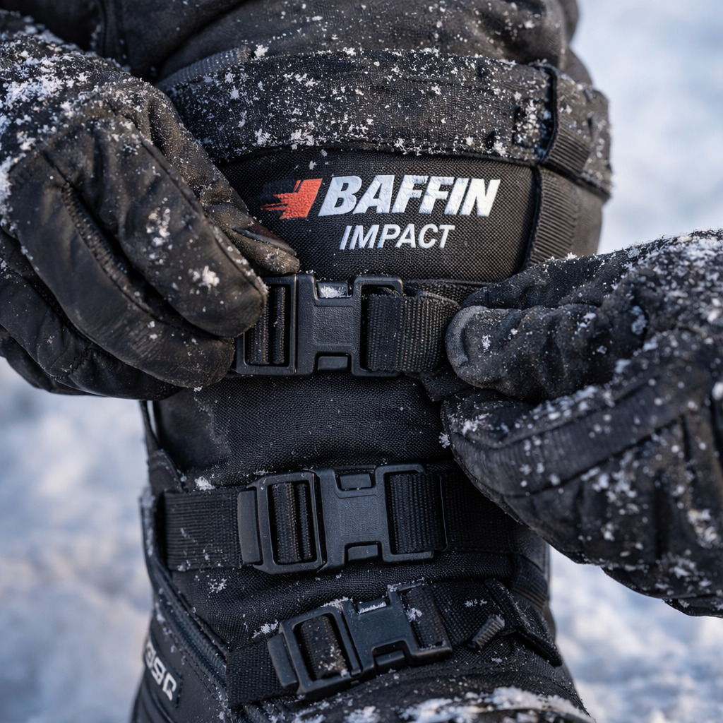 Person fastening snow boot buckles outdoors.