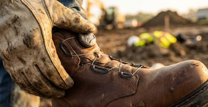 Close-up of a worker tightening boot laces.