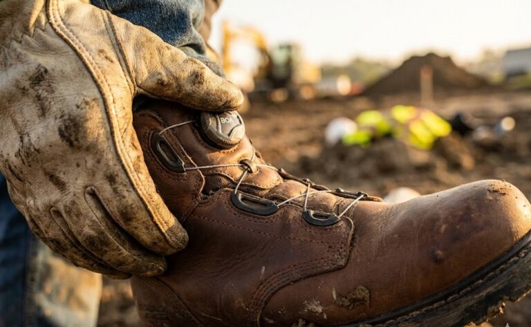 Close-up of a worker tightening boot laces.