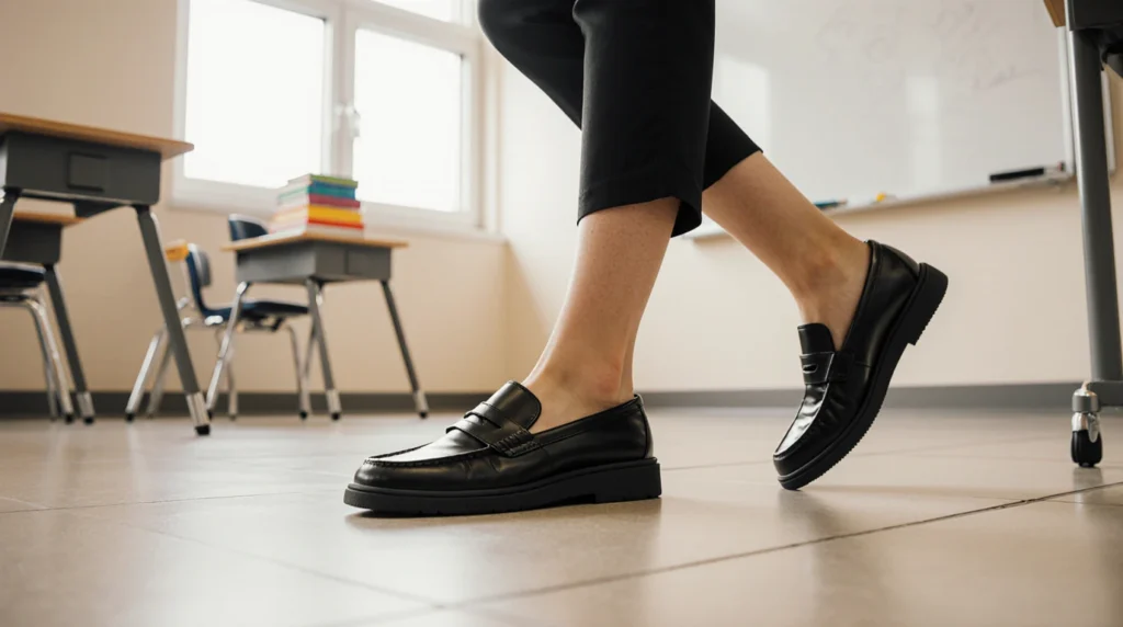 Person walking in black shoes in classroom.