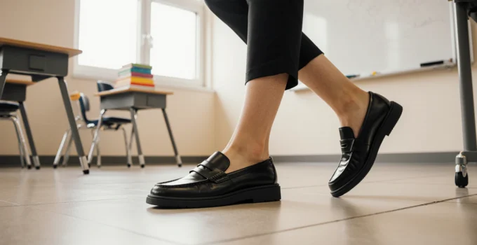 Person walking in black shoes in classroom.