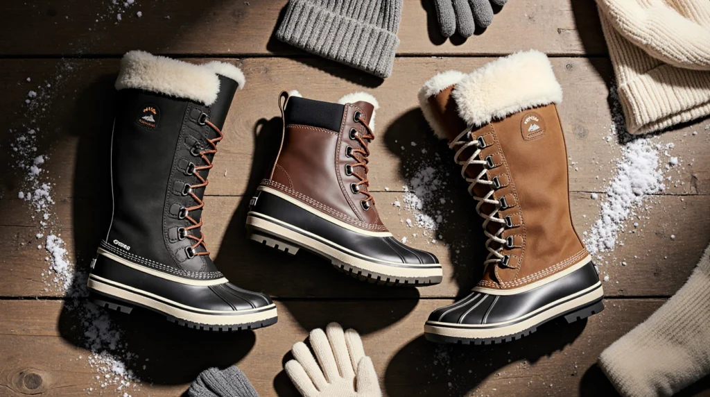 Three winter boots on a wooden surface.