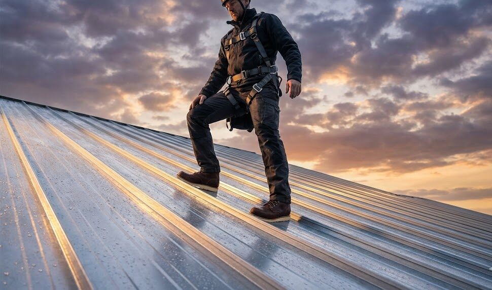 An image of a worker wearing durable work boots walking on a metal roof during sunset, highlighting safety and stability for roofing professionals.