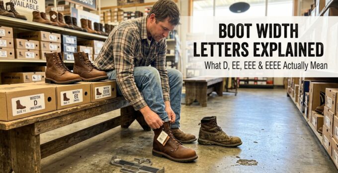 Man trying on work boots in a shoe store, selecting the right fit from display shelves.