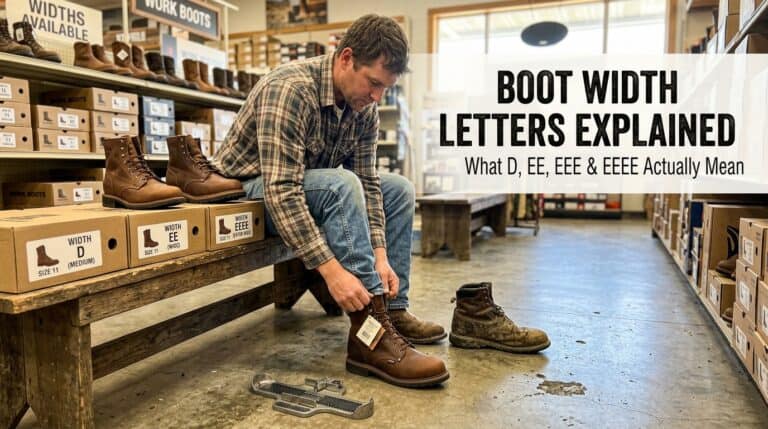 Man trying on work boots in a shoe store, selecting the right fit from display shelves.