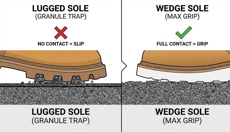Illustration comparing lugged sole and wedge sole roofing boots, highlighting slip resistance and grip for asphalt and granular surfaces.