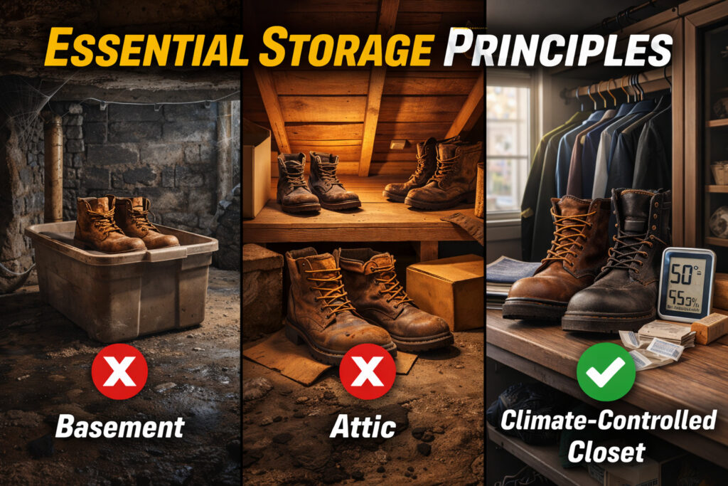 Proper shoe storage: avoid attics and basements.