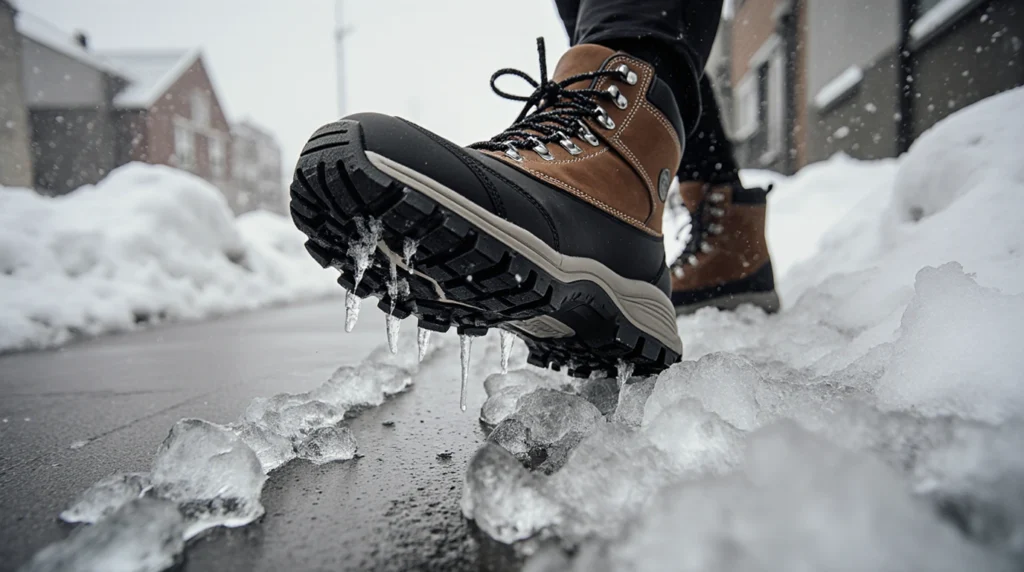 Close-up of boot stepping on icy ground