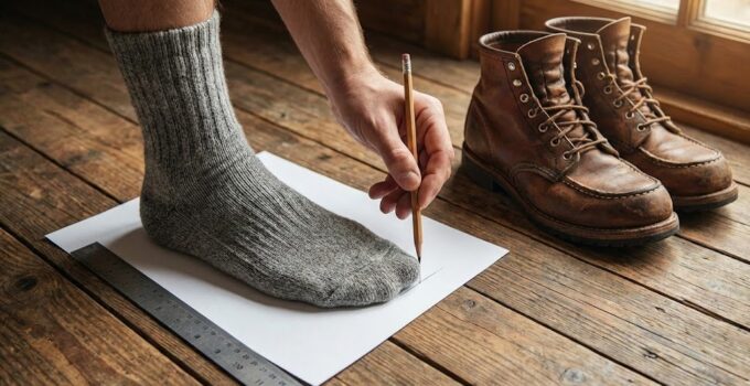 Man tracing foot outline for shoe fitting.