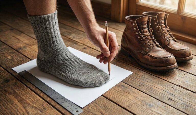 Man tracing foot outline for shoe fitting.