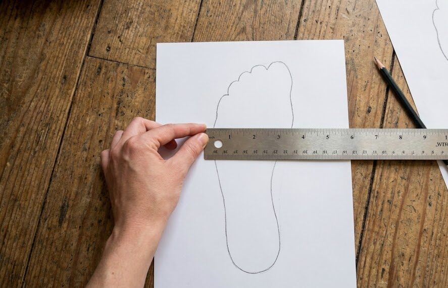 Measuring foot outline with a ruler and pencil.