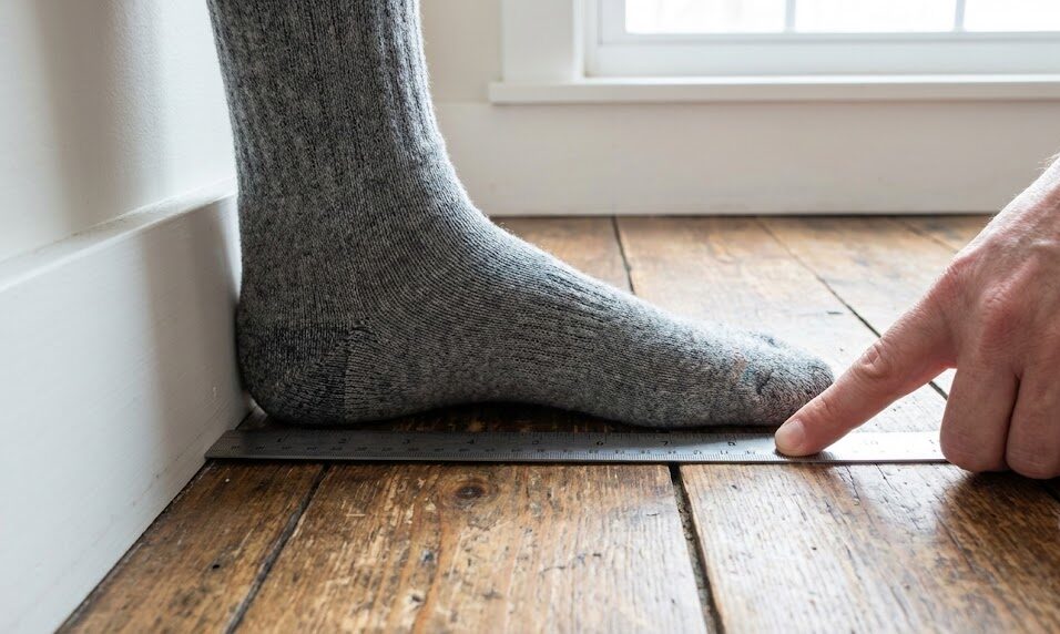 Measuring foot length with a ruler on wood floor.