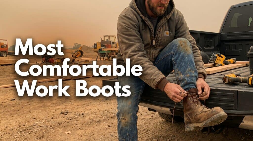 Man tying work boots on a construction site with heavy machinery and tools in the background, emphasizing durable and comfortable footwear for tough jobs.