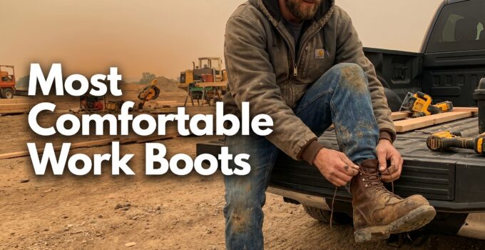Man tying work boots on a construction site with heavy machinery and tools in the background, emphasizing durable and comfortable footwear for tough jobs.