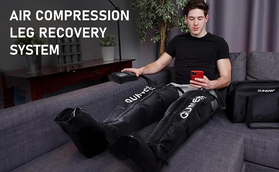 Person using air compression leg recovery system at home