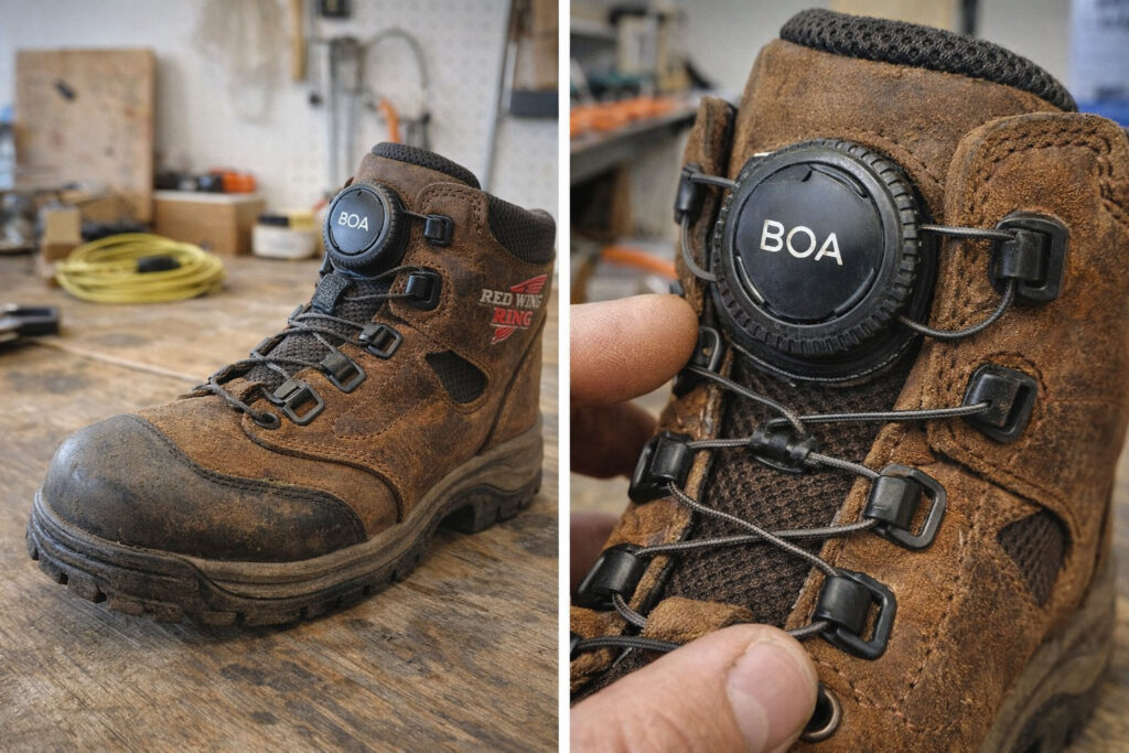 Close-up of a brown hiking boot with BOA lacing.